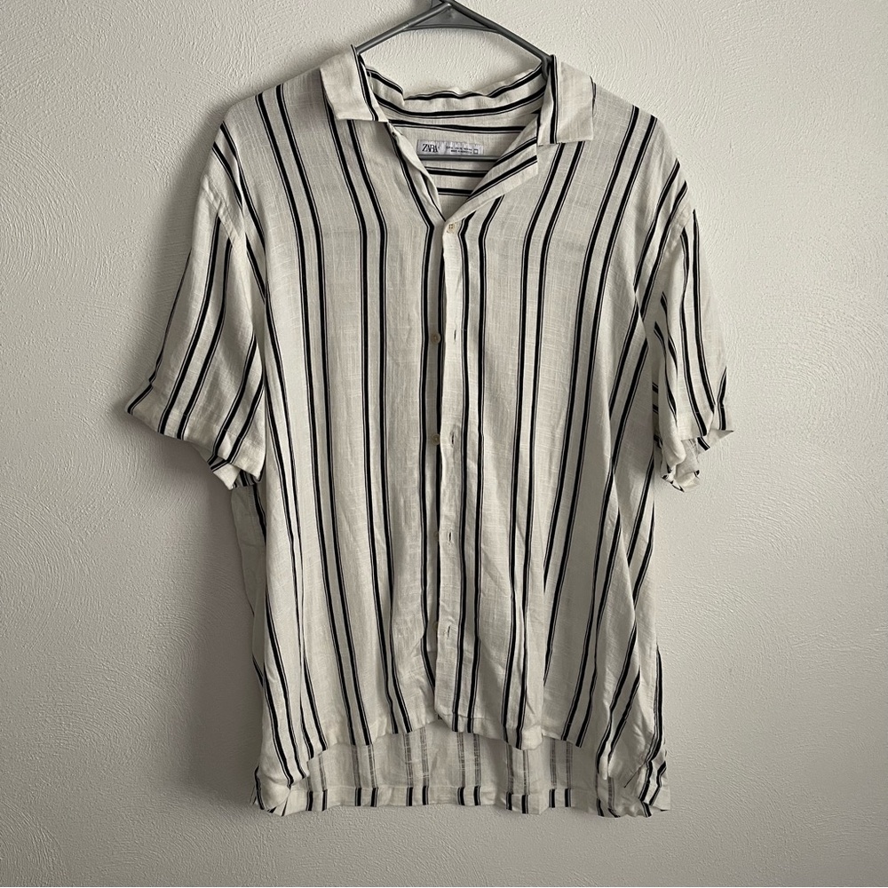 Zara Button Up Shirt Men’s extra large Striped Textured linen blend Neutral